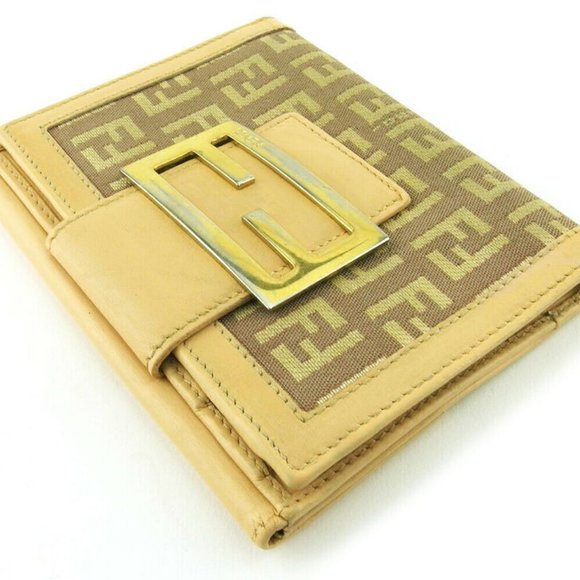 Authentic FENDI W Hook Wallet Zucchino Beige Pink Canvas ~ Leather Auth USED - Picture 3 of 10